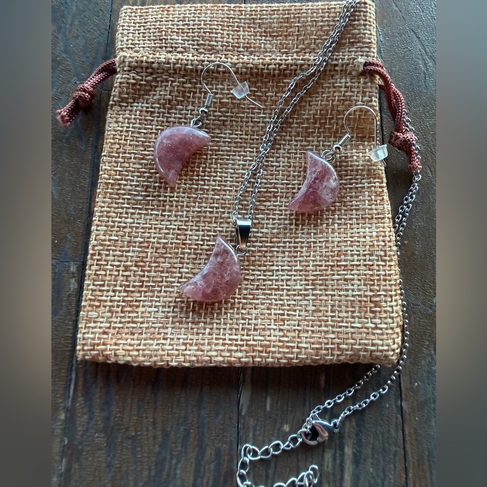 Strawberry Quartz Moon Necklace Strawberry Quartz Earrings Matching Crystal Set